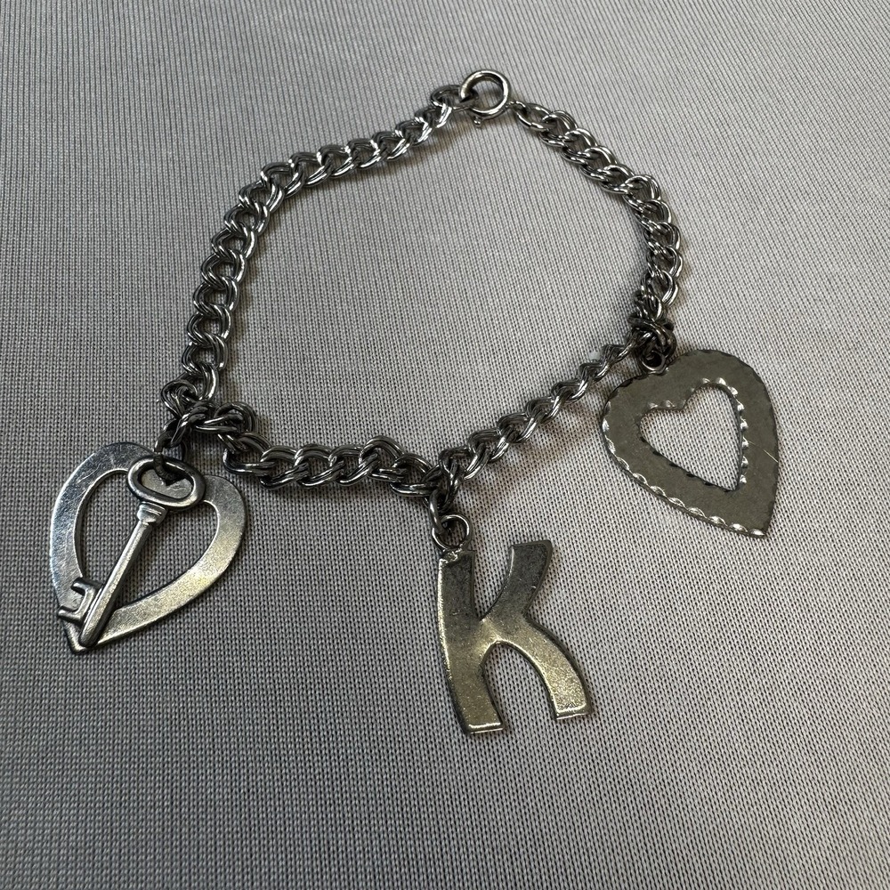 Silver Tone Charm Bracelet - "K"‎ Hearts Dangle